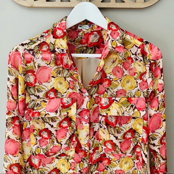 Kut from the Kloth Floral Print Sheer Button Up Top Pink Sz XS - Picture 2 of 8
